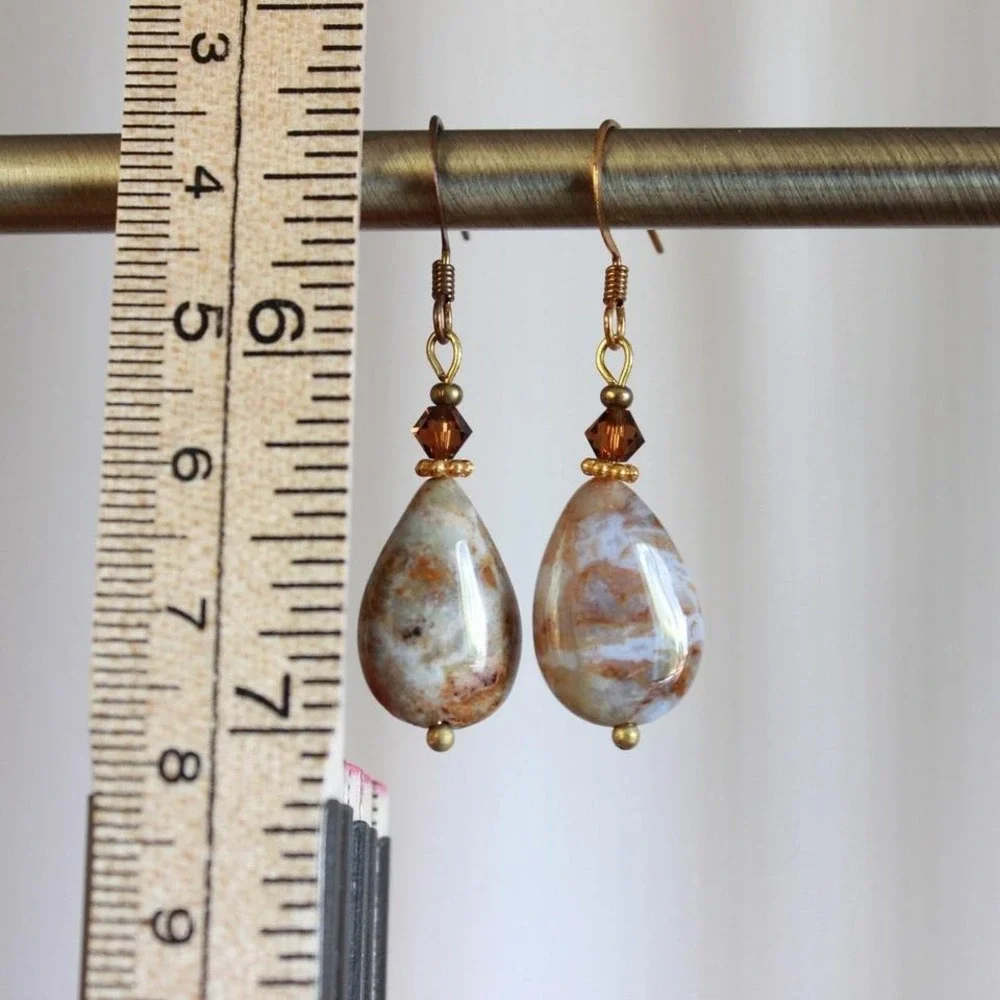 Handmade Desert Jasper Teardrop Stone Dangle Earrings‎ Earthy Boho Bohemian
